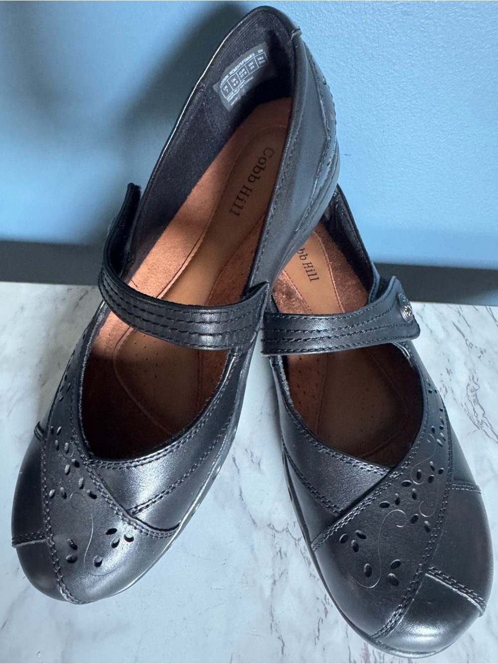 Rockport Cobb Hill Petra Black Leather Mary Jane Flats Comfort Shoes Size 7XW/EE